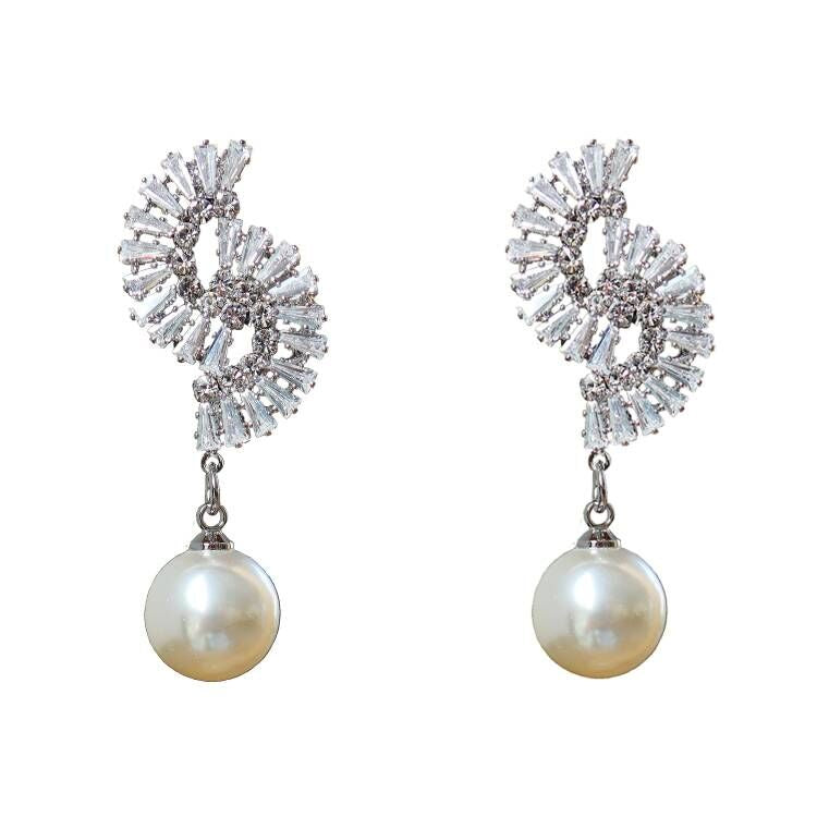 HundredthZ Sparking Cubic Zirconia S Geometric Drop Dangle Earrings with Freshwater Pearl Dangling Earrings for Women