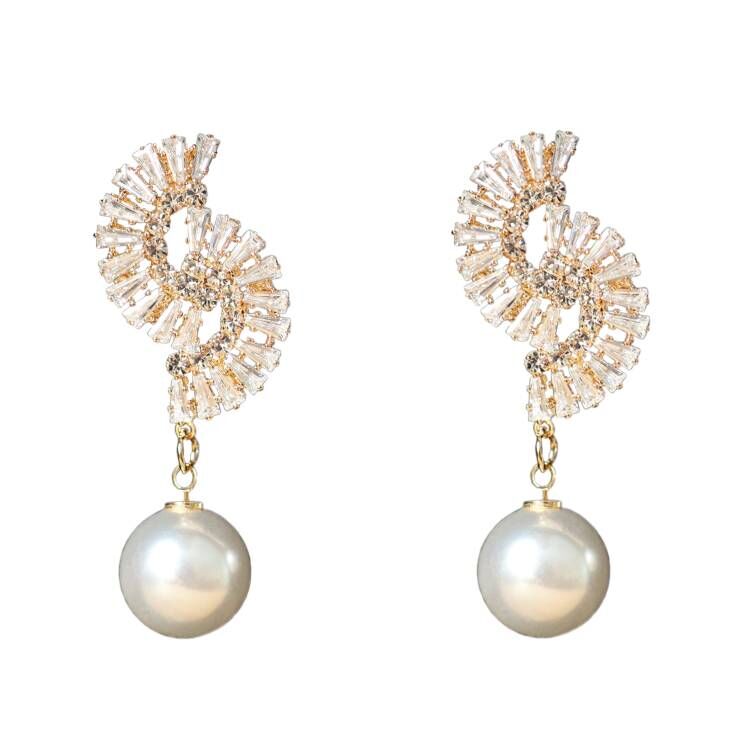 HundredthZ Sparking Cubic Zirconia S Geometric Drop Dangle Earrings with Freshwater Pearl Dangling Earrings for Women