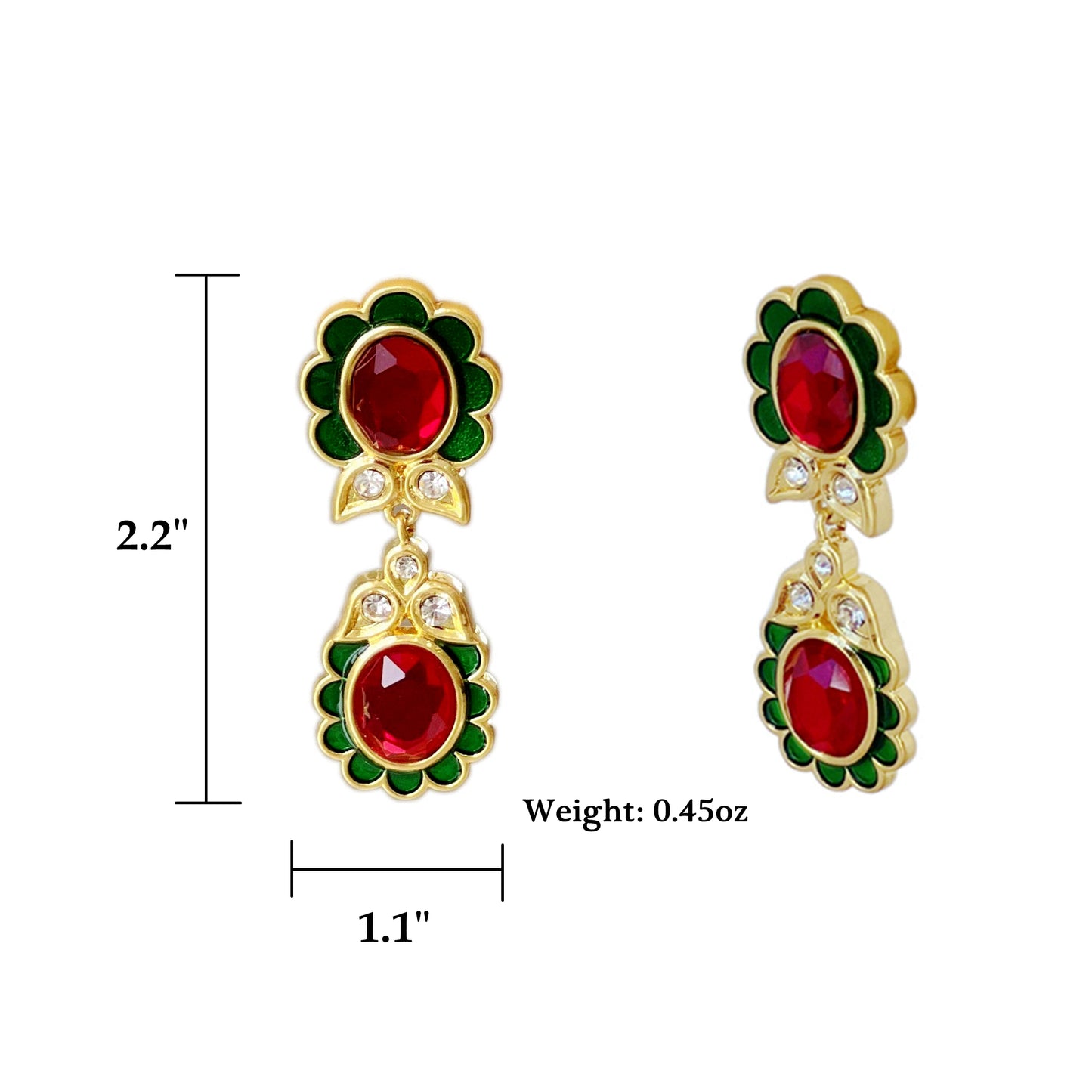 HundredthZ 24K Gold Alloy Plated Ruby Double Antique Flowers Drop Earrings