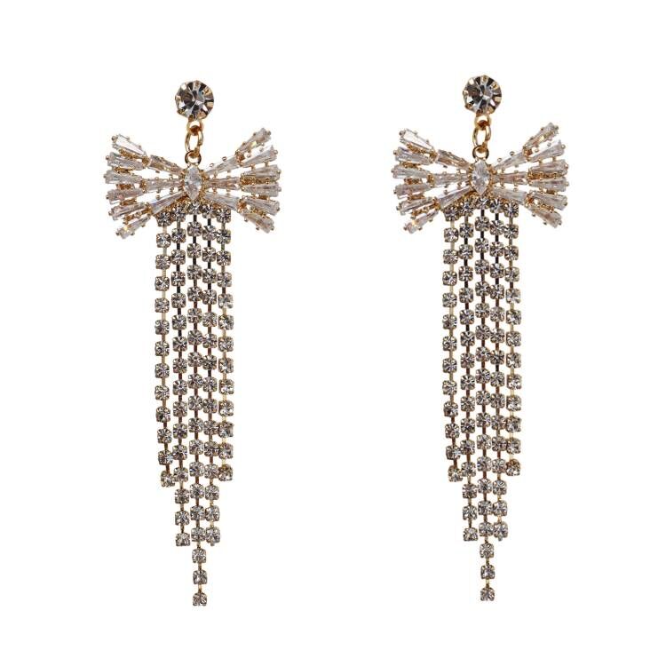 HundredthZ Bowknot Sparkling Cubic Zirconia Tassels Drop Dangle Earrings for Dresses Matching