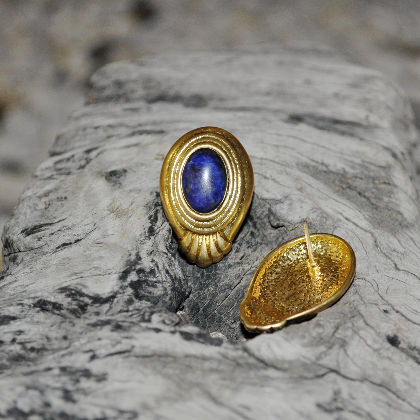 HundredthZ 24K Gold Alloy Plated Navy Blue Lazuli Oval Crystal Vintage Stud Earrings