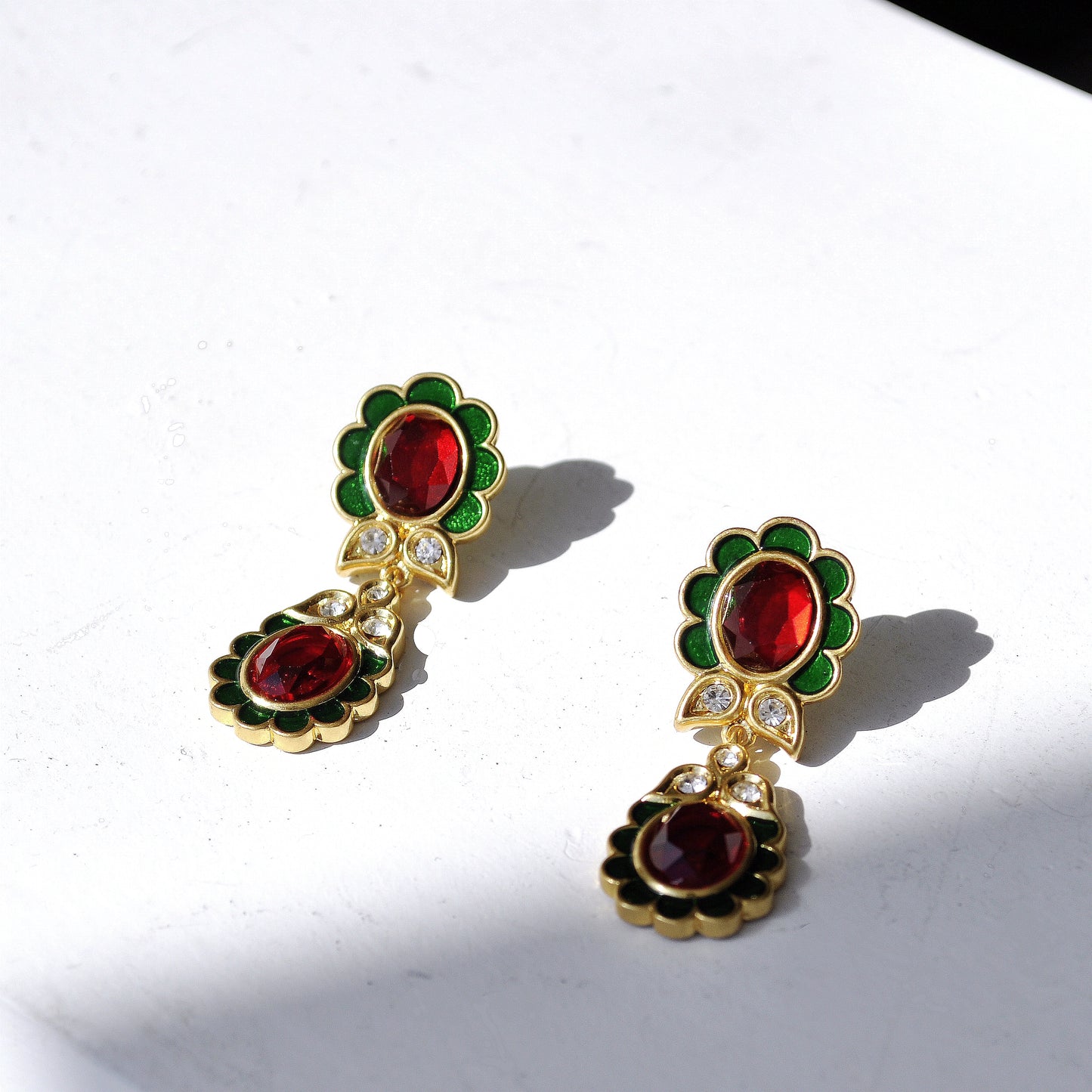 HundredthZ 24K Gold Alloy Plated Ruby Double Antique Flowers Drop Earrings