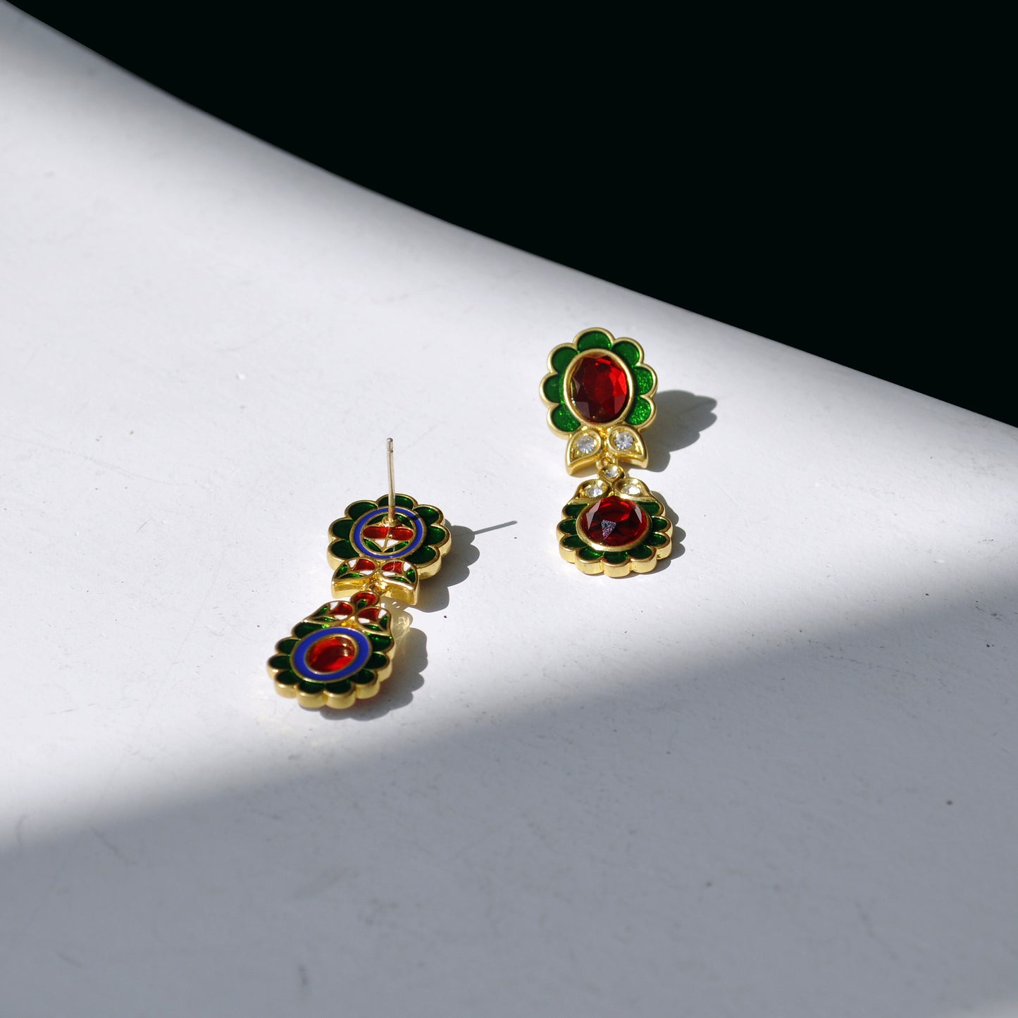HundredthZ 24K Gold Alloy Plated Ruby Double Antique Flowers Drop Earrings