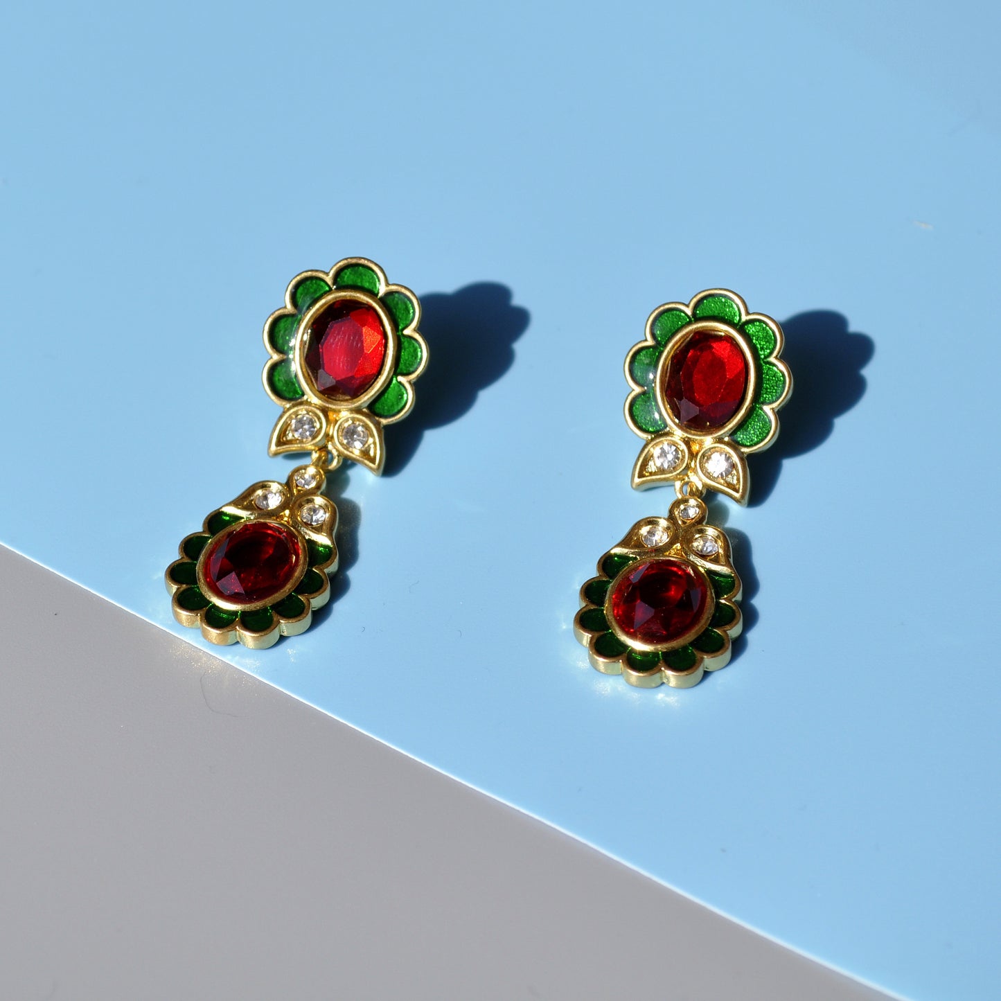 HundredthZ 24K Gold Alloy Plated Ruby Double Antique Flowers Drop Earrings