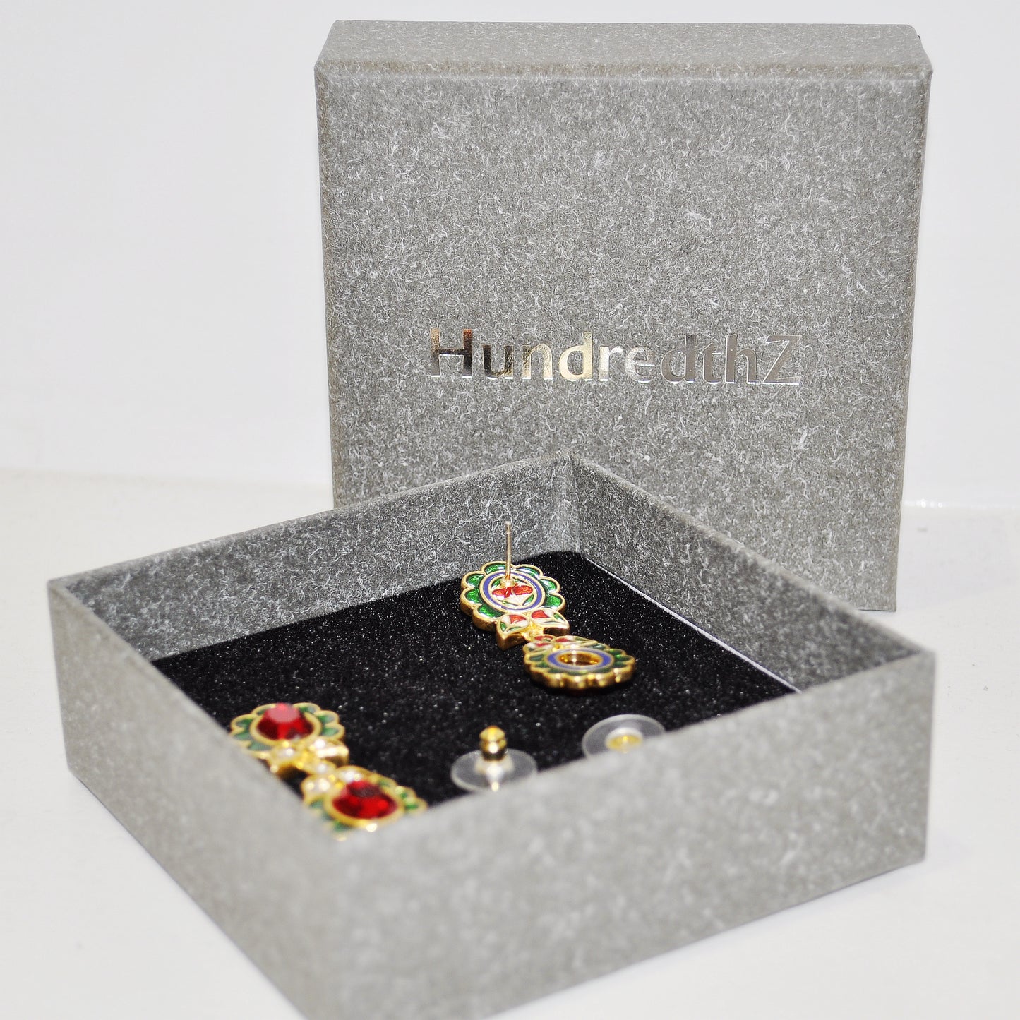 HundredthZ 24K Gold Alloy Plated Ruby Double Antique Flowers Drop Earrings