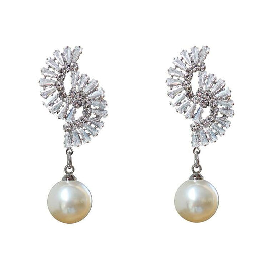 HundredthZ Sparking Cubic Zirconia S Geometric Drop Dangle Earrings with Freshwater Pearl Dangling Earrings for Women