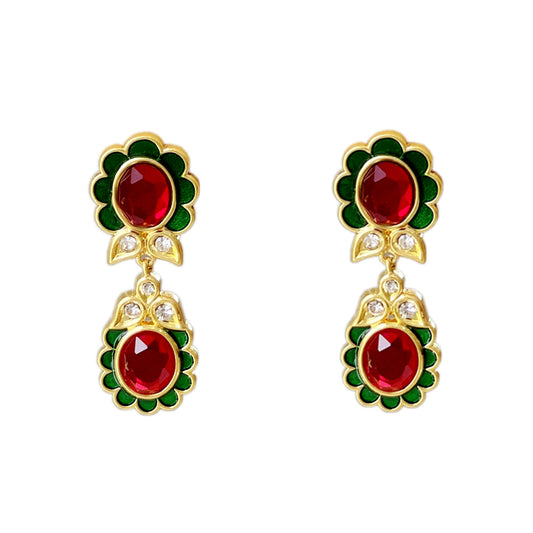 HundredthZ 24K Gold Alloy Plated Ruby Double Antique Flowers Drop Earrings