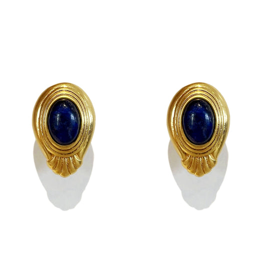 HundredthZ 24K Gold Alloy Plated Navy Blue Lazuli Oval Crystal Vintage Stud Earrings