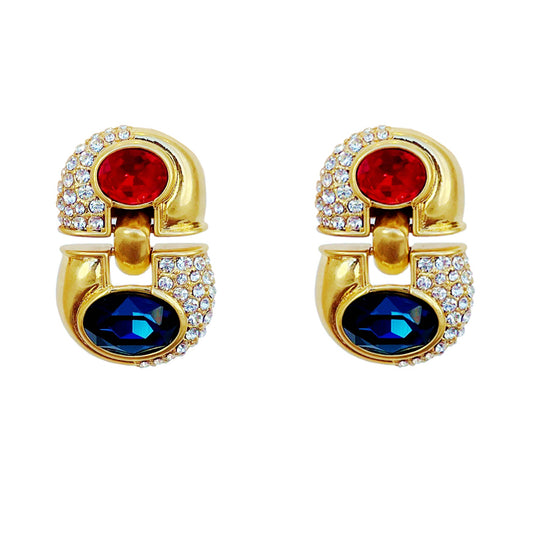 HundredthZ 24K Gold Alloy Plated Ruby and Blue Crystal Double Circular Segment Drop Earrings