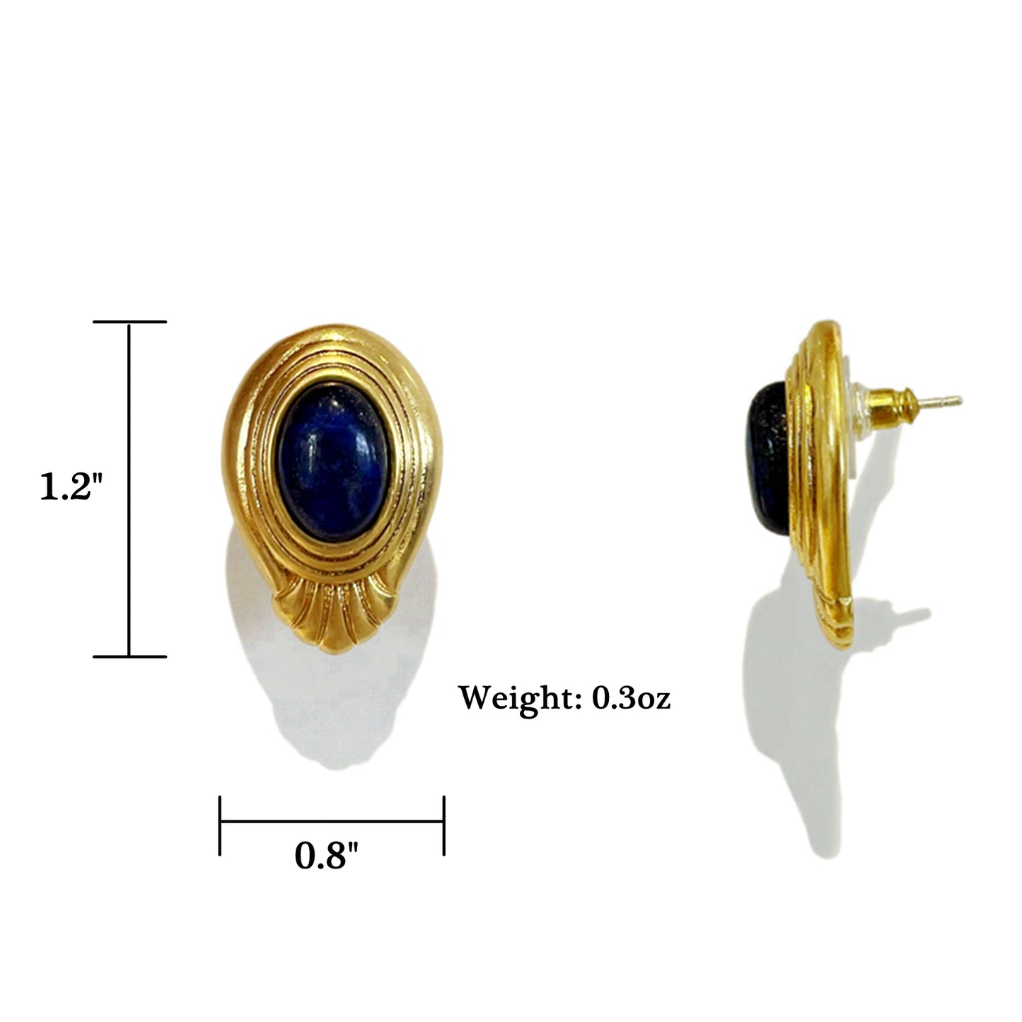 HundredthZ 24K Gold Alloy Plated Navy Blue Lazuli Oval Crystal Vintage Stud Earrings