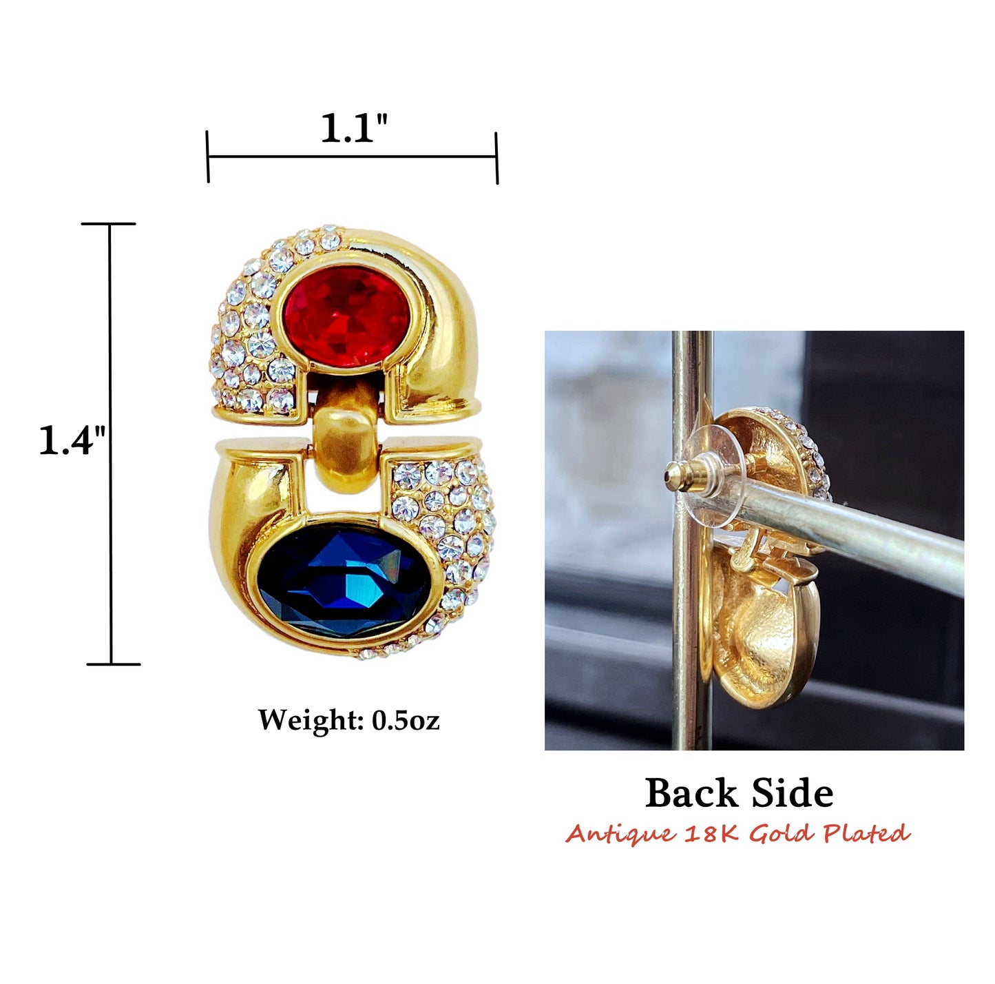 HundredthZ 24K Gold Alloy Plated Ruby and Blue Crystal Double Circular Segment Drop Earrings