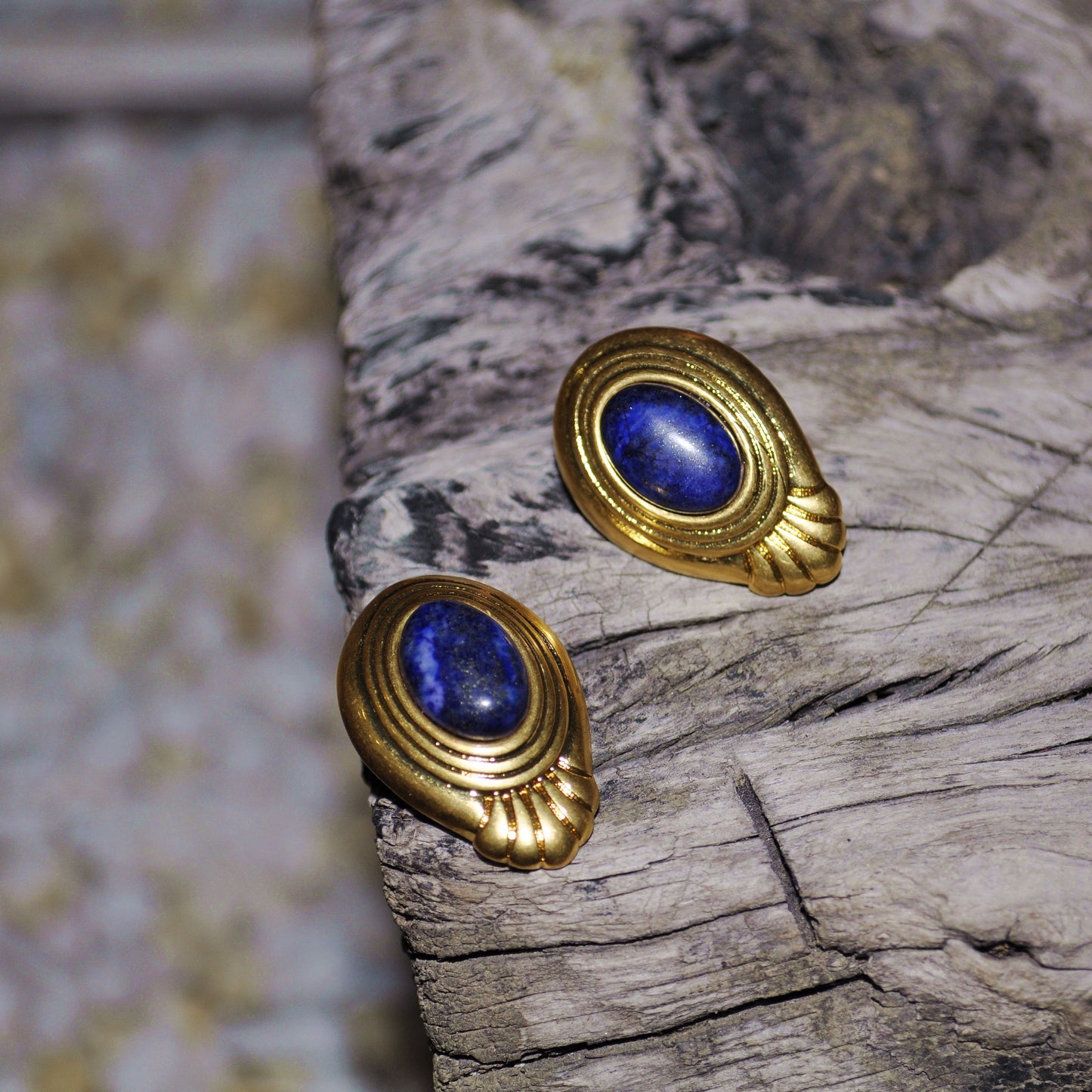 HundredthZ 24K Gold Alloy Plated Navy Blue Lazuli Oval Crystal Vintage Stud Earrings