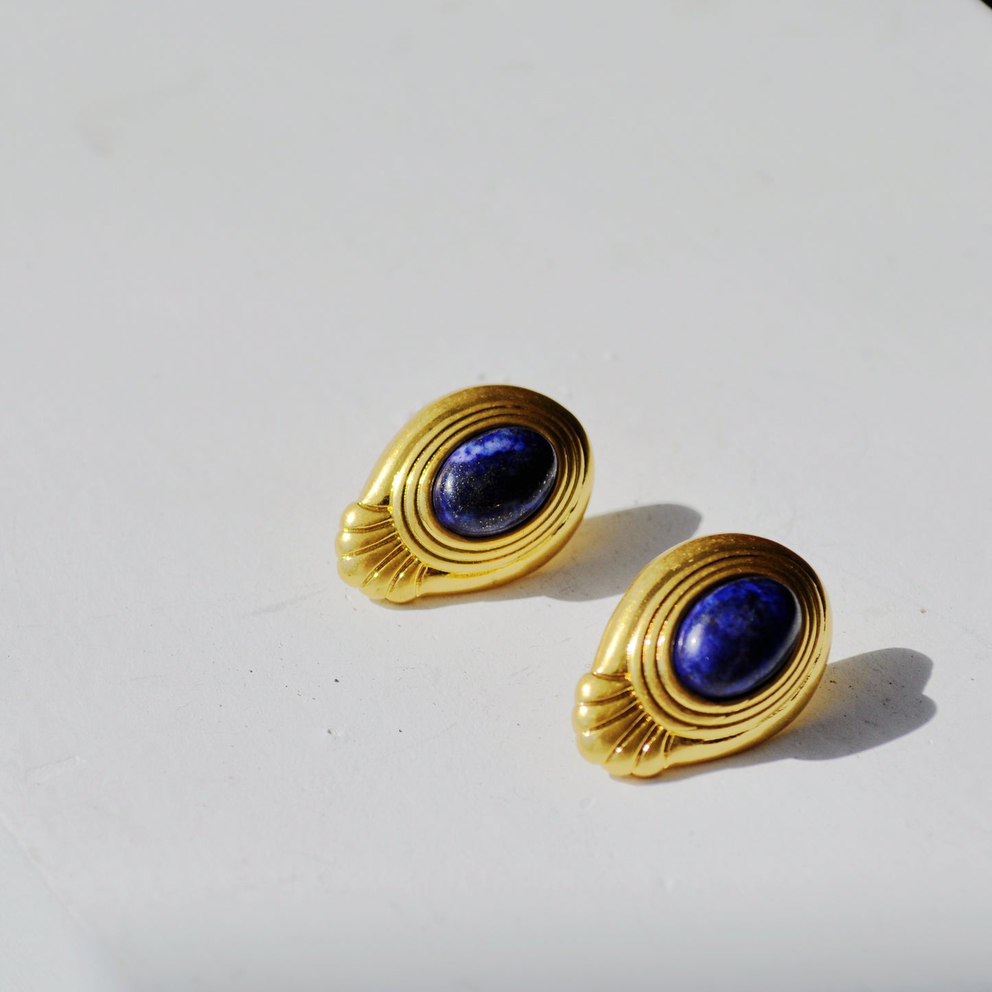 HundredthZ 24K Gold Alloy Plated Navy Blue Lazuli Oval Crystal Vintage Stud Earrings