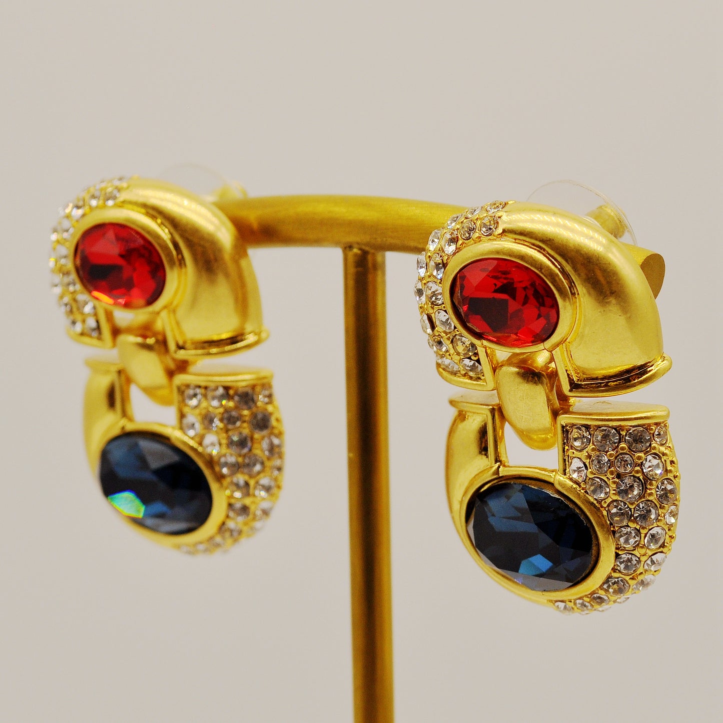 HundredthZ 24K Gold Alloy Plated Ruby and Blue Crystal Double Circular Segment Drop Earrings